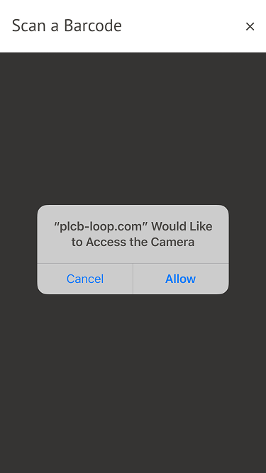 The barcode scanning prompt screen, inviting the licensee to scan a product barcode using their device camera